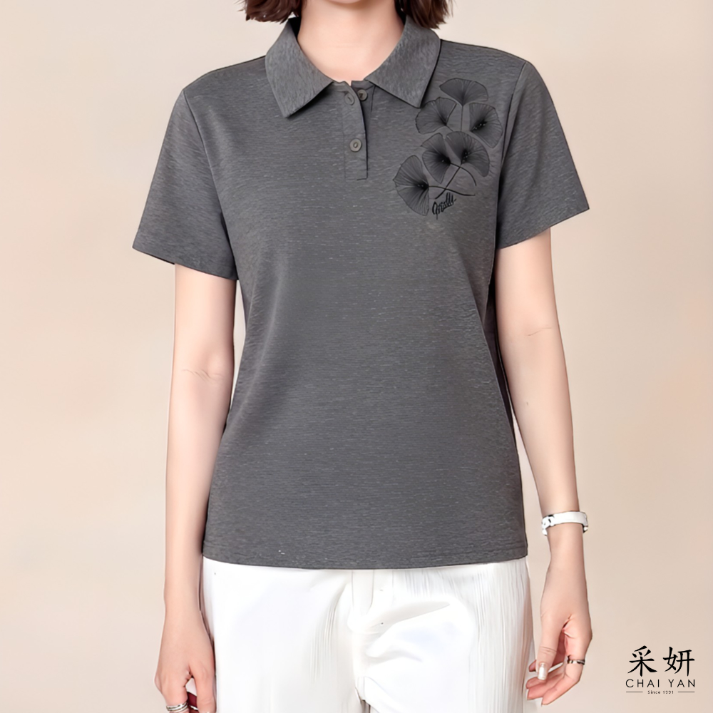 【Chai Yan 採妍】水鑽銀杏花POLO短袖上衣(春夏新款 65-78公斤可穿)