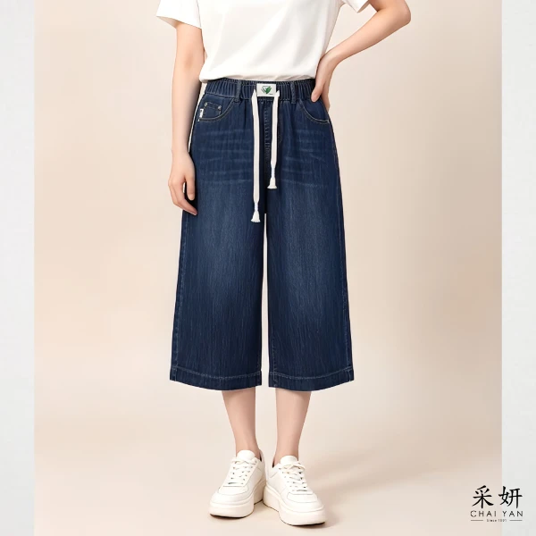 【Chai Yan 采妍】愛心拉繩牛仔八分褲(春夏新款 65-78公斤可穿)