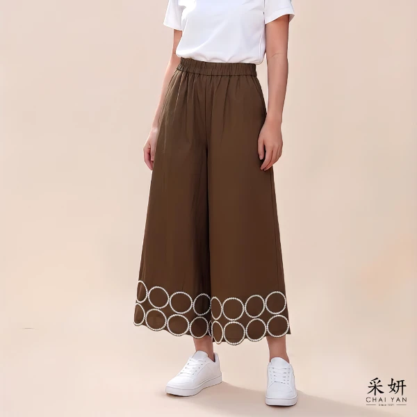 【Chai Yan 采妍】圓圈圈休閒九分寬褲(春夏新款 65-78公斤可穿)