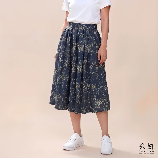 【Chai Yan 采妍】棉麻花布中長裙(春夏新款 65-78公斤可穿)