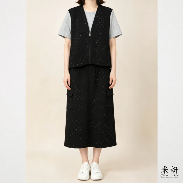 【Chai Yan 采妍】二件式 水鑽假兩件長裙套裝(春夏新款 65-78公斤可穿)