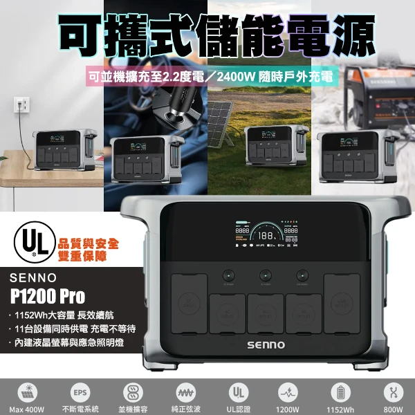 【G-PLUS 拓勤】Senno P1200 Pro 可攜式儲能電源 1200W輸出戶外電源行動電源- 露營最佳選擇(1入)