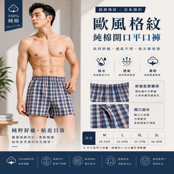 【HEGU】純棉歐風格子寬鬆平口褲 四角褲 純棉內褲 開襠內褲 開紐門內褲 寬鬆系列款 (NO.5725 (3入))