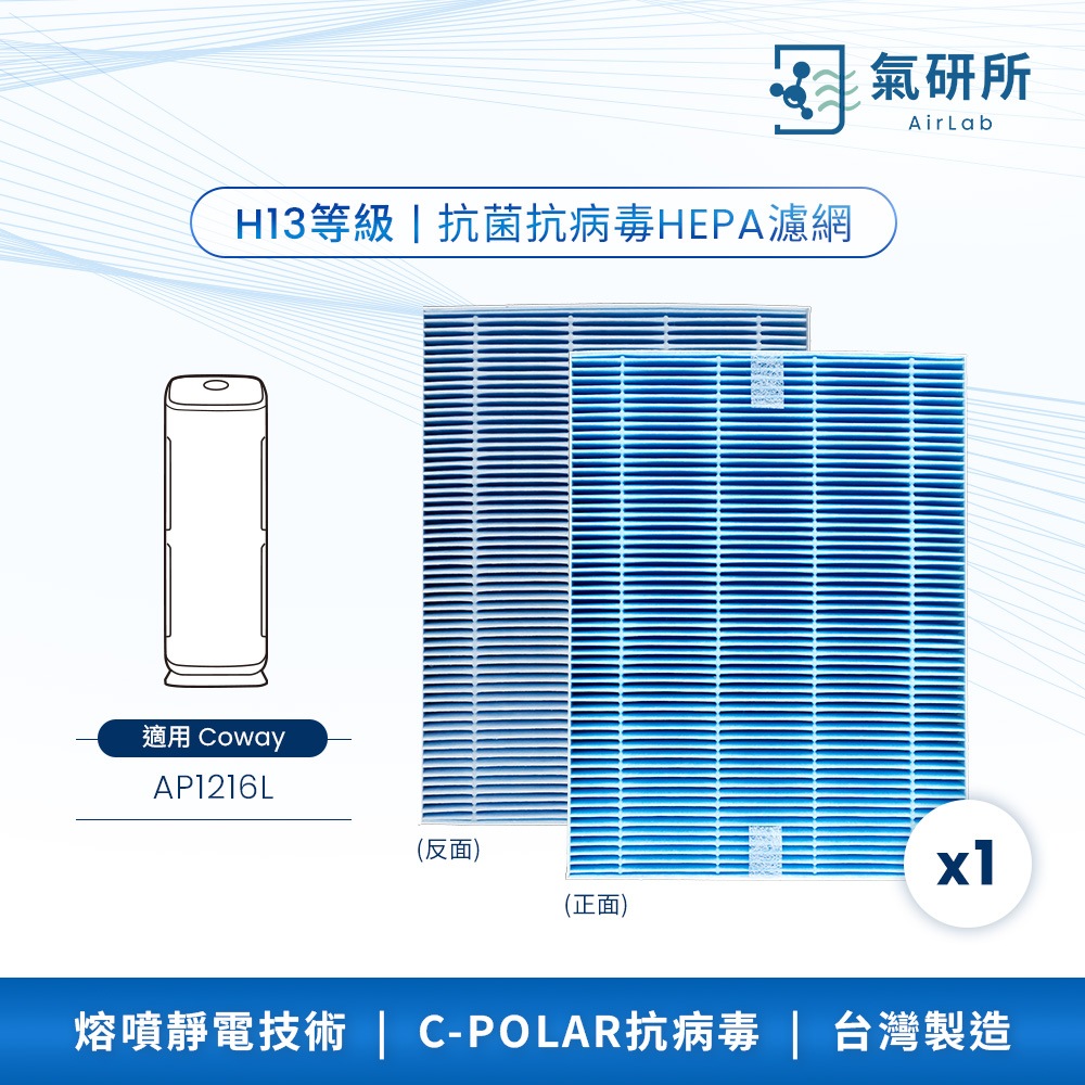 【AirLab 氣研所】H13 HEPA抗菌抗病毒濾網 1片裝(適用Coway AP-1216L)