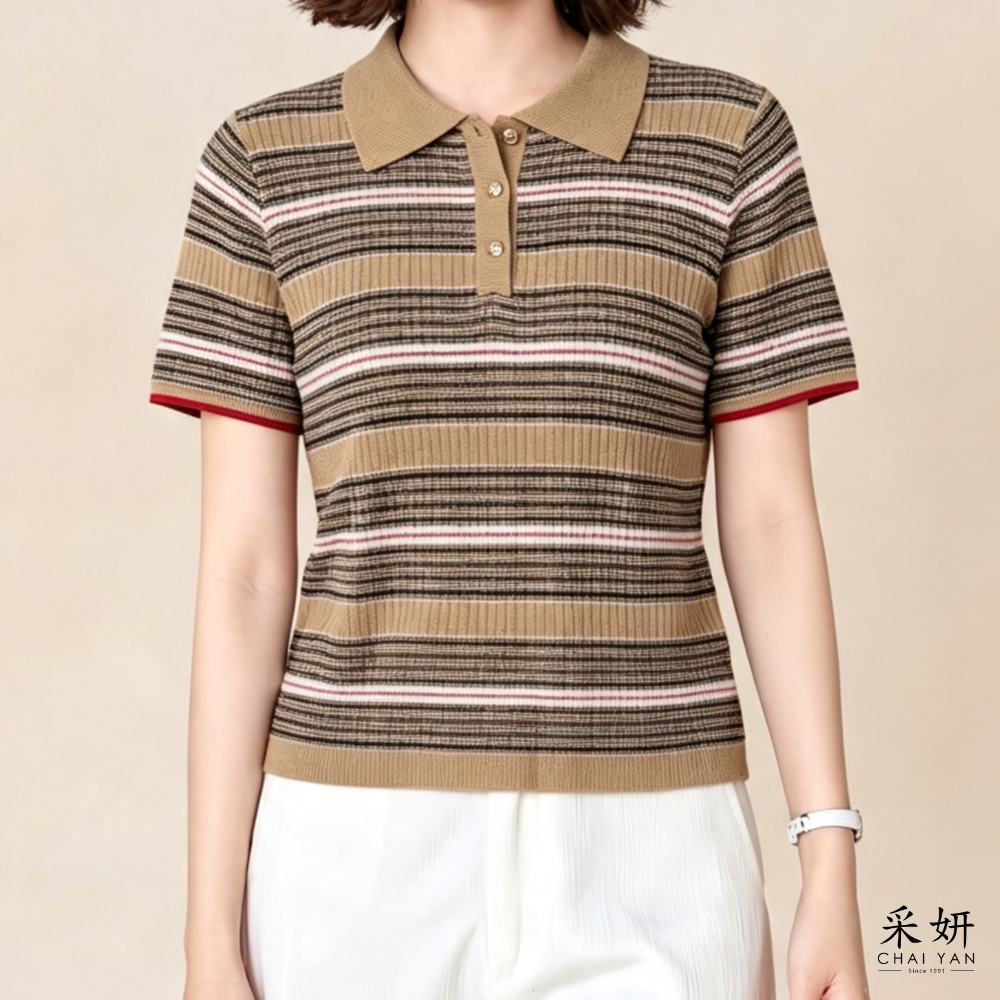 【Chai Yan 採妍】英倫撞色條紋針織POLO短袖上衣(春夏新款 65-78公斤可穿)