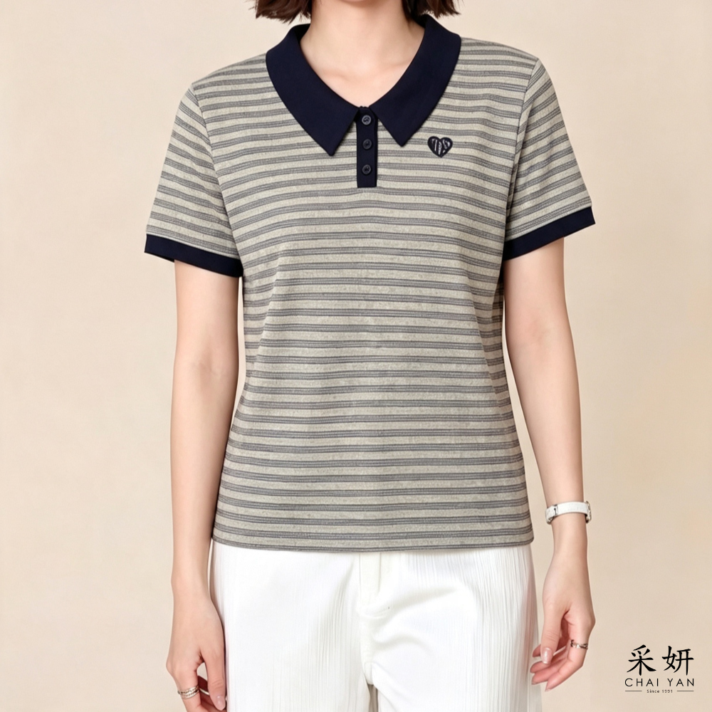 【Chai Yan 採妍】細橫條彈力短袖POLO(春夏新款 65-78公斤可穿)