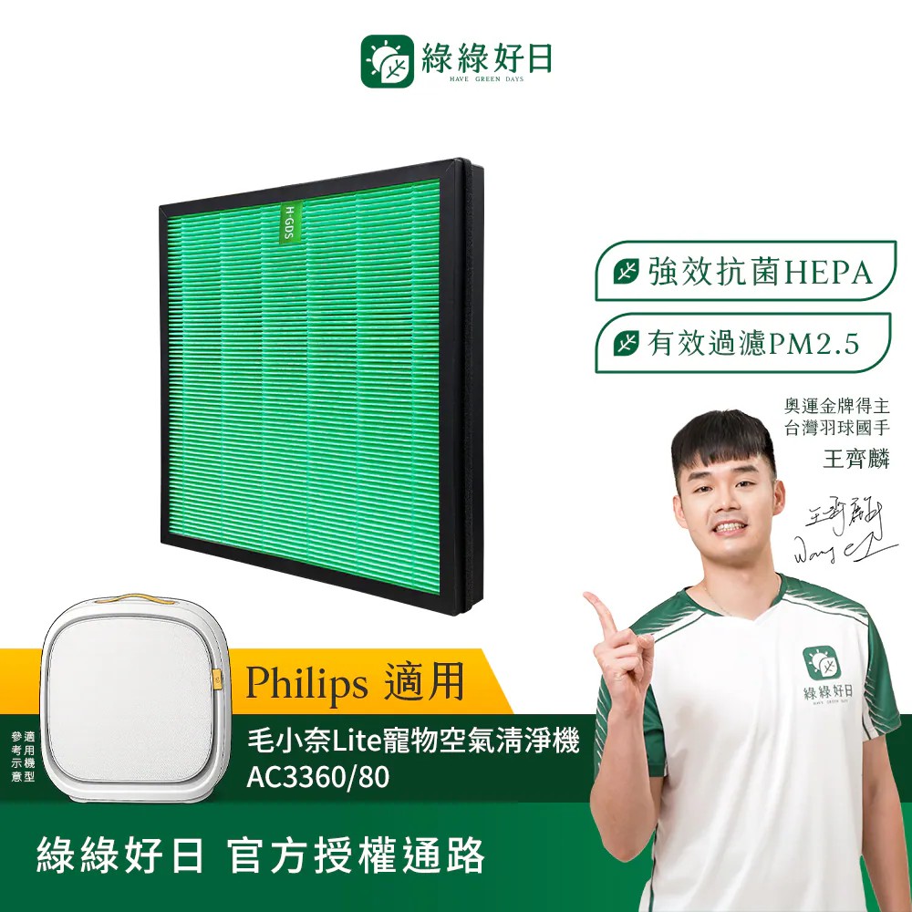【綠綠好日】適用Philips飛利浦 毛小奈Lite寵物空氣清淨機 AC3360/80(複合型抗菌HEPA濾網*1)