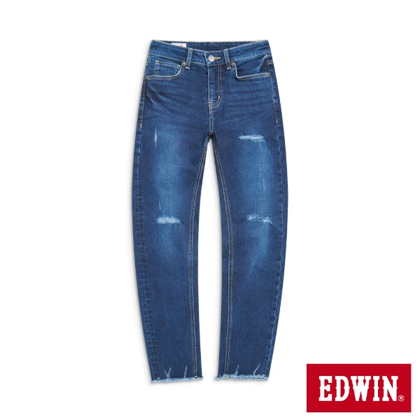 【EDWIN】女裝 微刷破九分窄管丹寧直筒褲(中古藍)