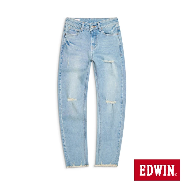 【EDWIN】女裝 微刷破九分窄管丹寧直筒褲(拔淺藍)
