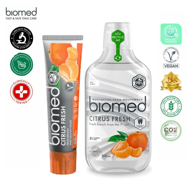 【BIOMED 蓓齒美】柚橘清新牙膏+漱口水組(500mlx1+100g x1)