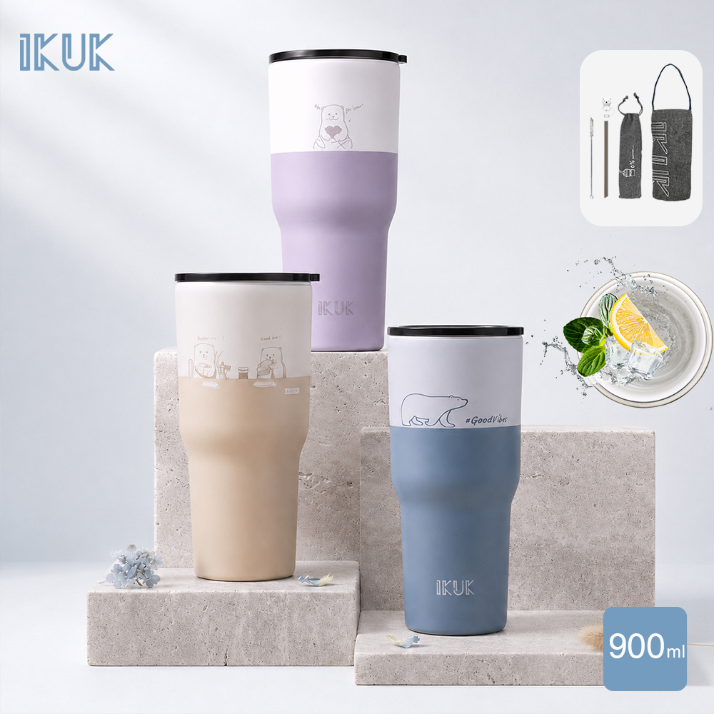 【IKUK 艾可】真陶瓷內膽保溫保冰杯-吸管杯冰壩杯900ml贈5件組配件((吸管杯/保溫瓶/環保杯)