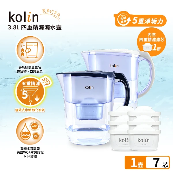 【Kolin 歌林】3.8L濾水壺(內含四重濾芯*1)+五重淨垢濾芯6入(共1壺7芯/適用Brita)(共1壺7芯/適用Brita)