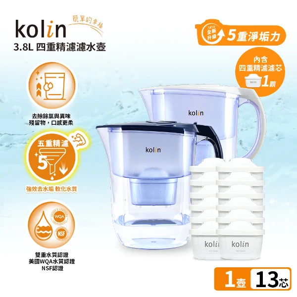【Kolin 歌林】3.8L濾水壺(內含四重濾芯*1)+五重淨垢濾芯12入(共1壺13芯/適用Brita)(共1壺13芯/適用Brita)