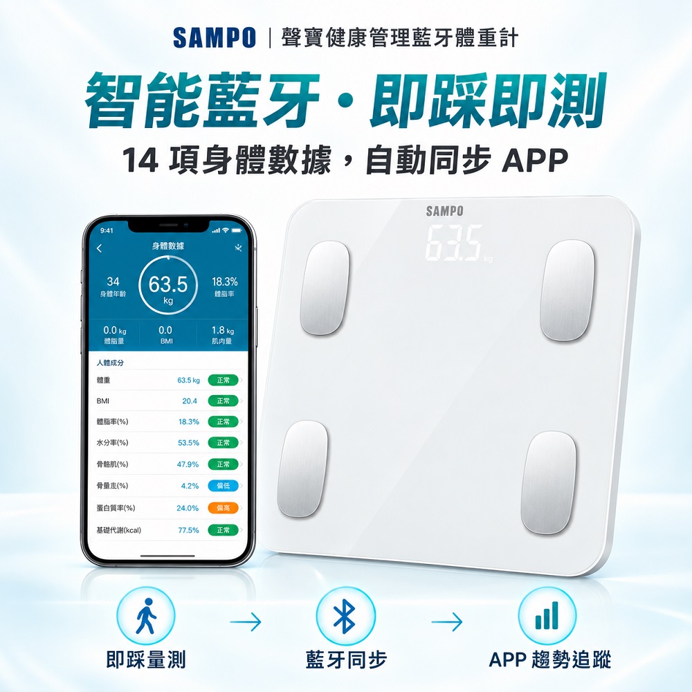 【SAMPO 聲寶】14合1藍芽智能體重計/健康體脂計 體重機 體脂機(BF-Z2205BL )