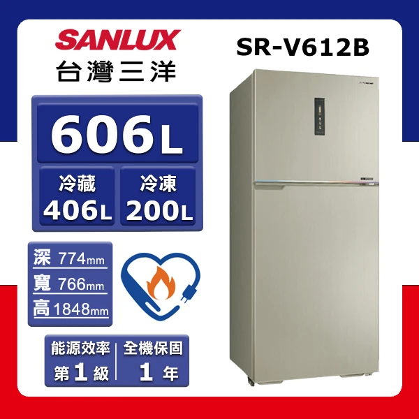 【SANLUX 台灣三洋】606L《變頻-雙門》-3°C微凍室冰箱SR-V612B(尊爵銀)(★含基本運送(偏遠另計)+拆箱定位+回收舊機)