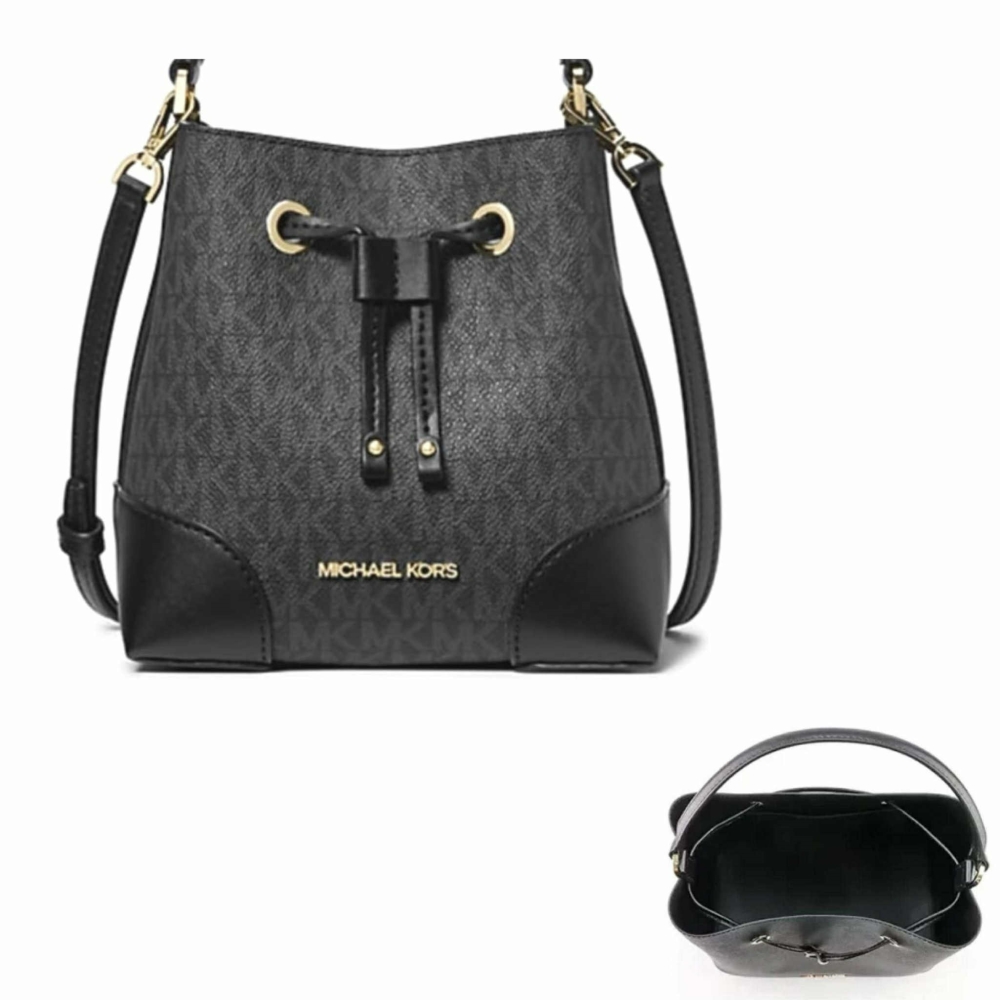 【Michael Kors】迷你滿版防刮皮革 斜揹包/水桶包-黑灰色(mk 女包 女皮包 女生包包)