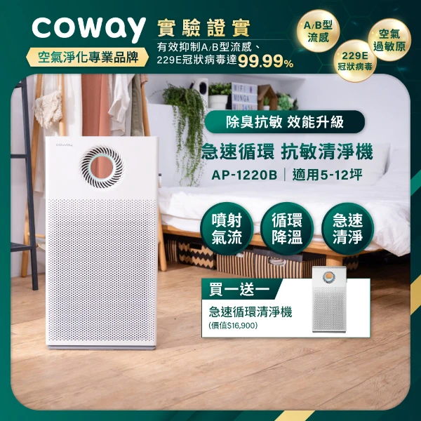 【COWAY】【雙機組】5-12坪 急速循環空氣清淨機 X2(AP-1220B)