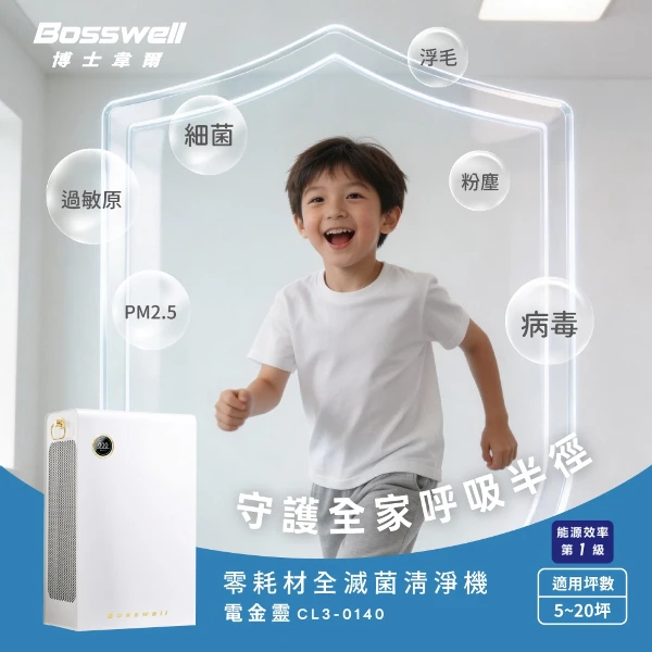 【Bosswell 博士韋爾】高效電漿滅菌・除味抗敏推薦Breo Air電金靈零耗材全滅菌清淨機5-20坪CL3-0140V(過敏族推薦)