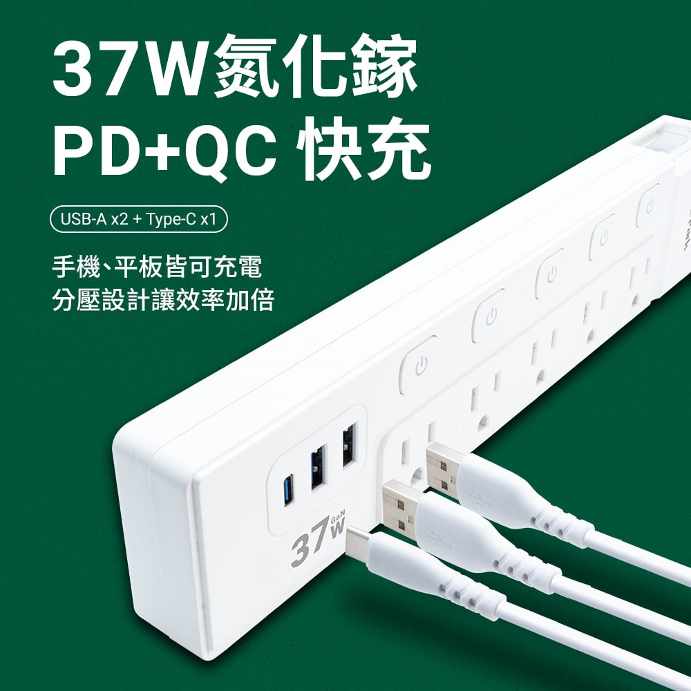 【PC Park】USB-537-6/氮化鎵2A1C六開五插延長線/1.8M 3孔延長線(過載保護防火 37W快充 USB*2+Typec*1 ...