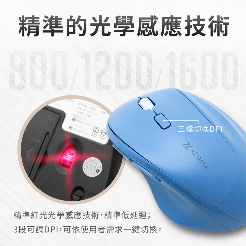 【AZOMA】M550 6D人體工學無線滑鼠(藍)(3段dpi 10m無線距離 待機休眠 高續航力 大手掌合適) - 全聯全電商