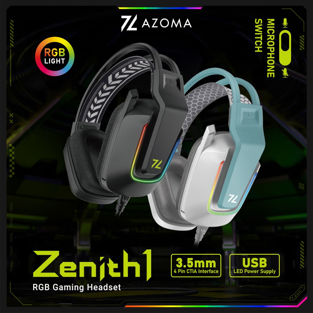 【AZOMA】Zenith1 RGB電競耳機麥克風(幻綠白)(50mm超大驅動單體 全指向麥克風 手機 平板 電腦 遊戲機) - 全聯全電商