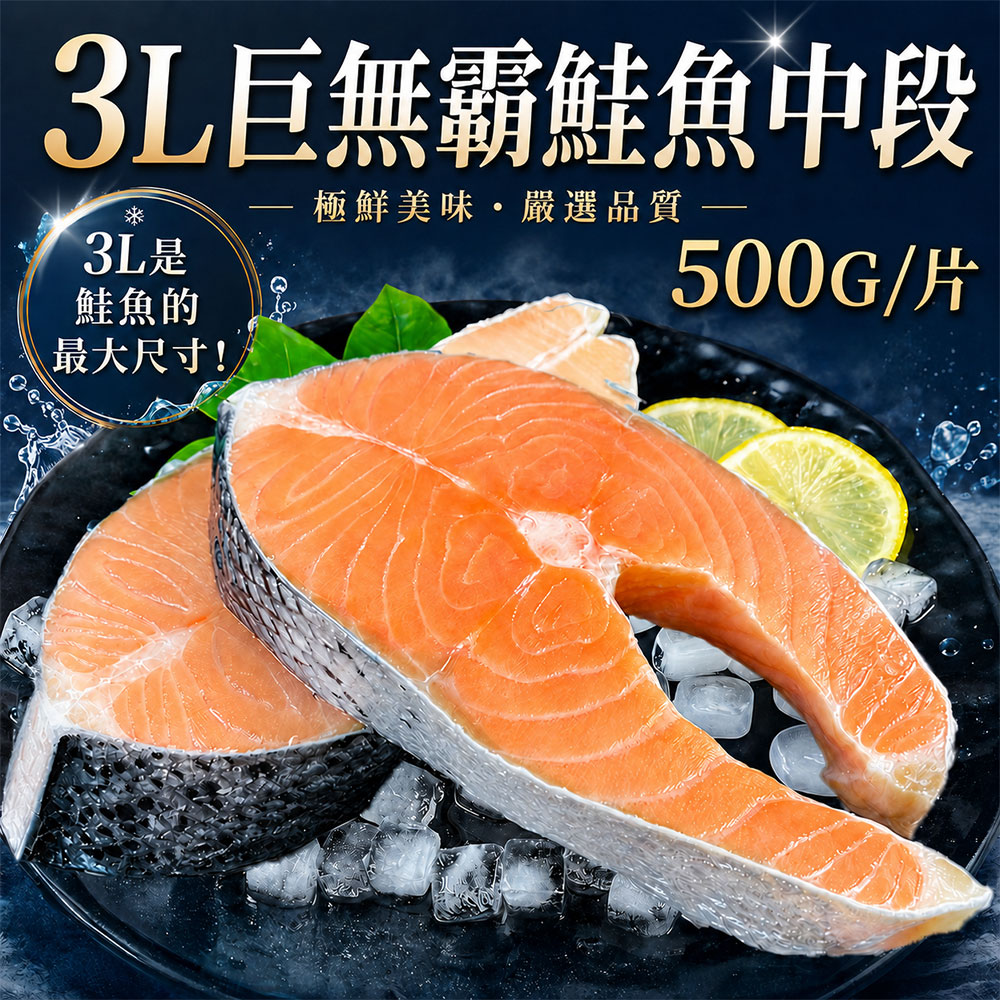築地一番鮮】巨無霸鮭魚500g X8片｜厚達4~5 公分/腹部中段/P級智利鮭魚